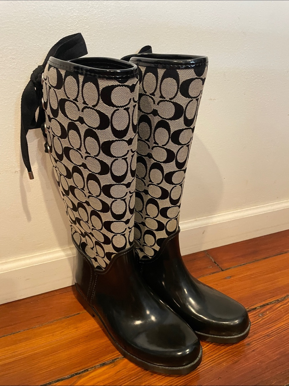 Coach Black and Cream Signature Rain Boots